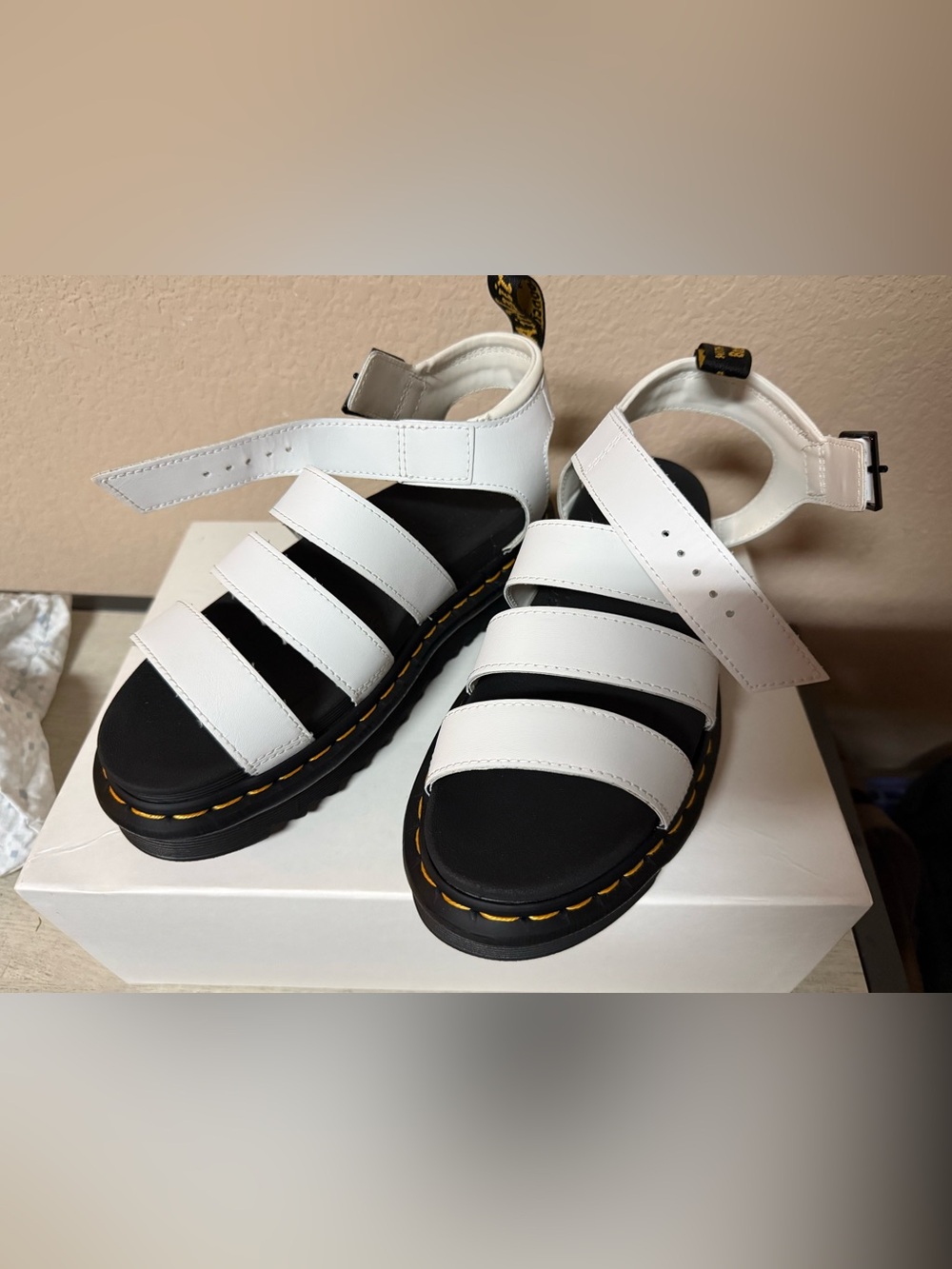 Dr. Martens White Triple-Strap Sandals with Black Footbed and Yellow Stitching